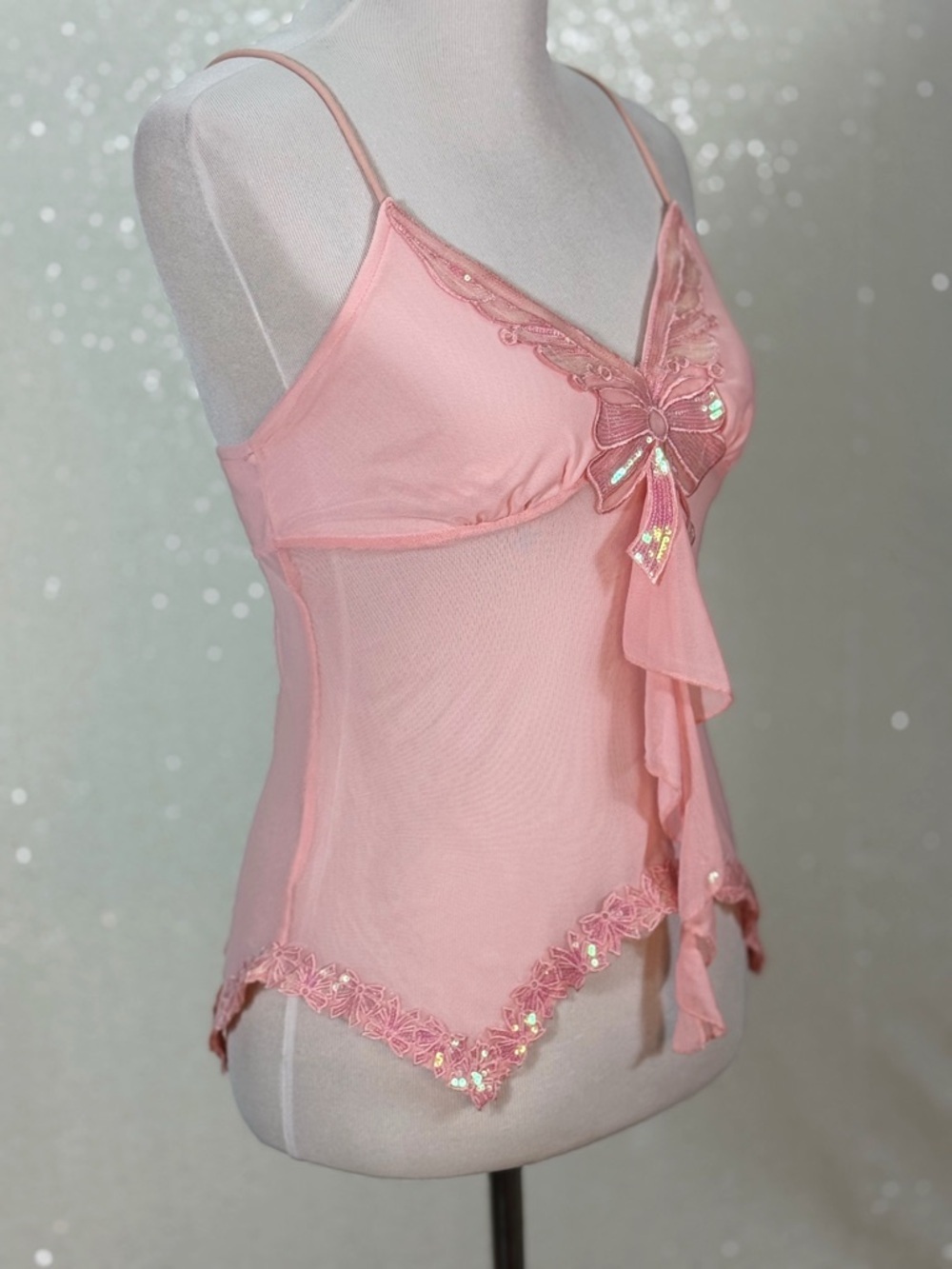 Y2K Pink Sheer Mesh Camisole Top Sequin Bow Lace Trim Fairycore Babydoll - Picture 5 of 12